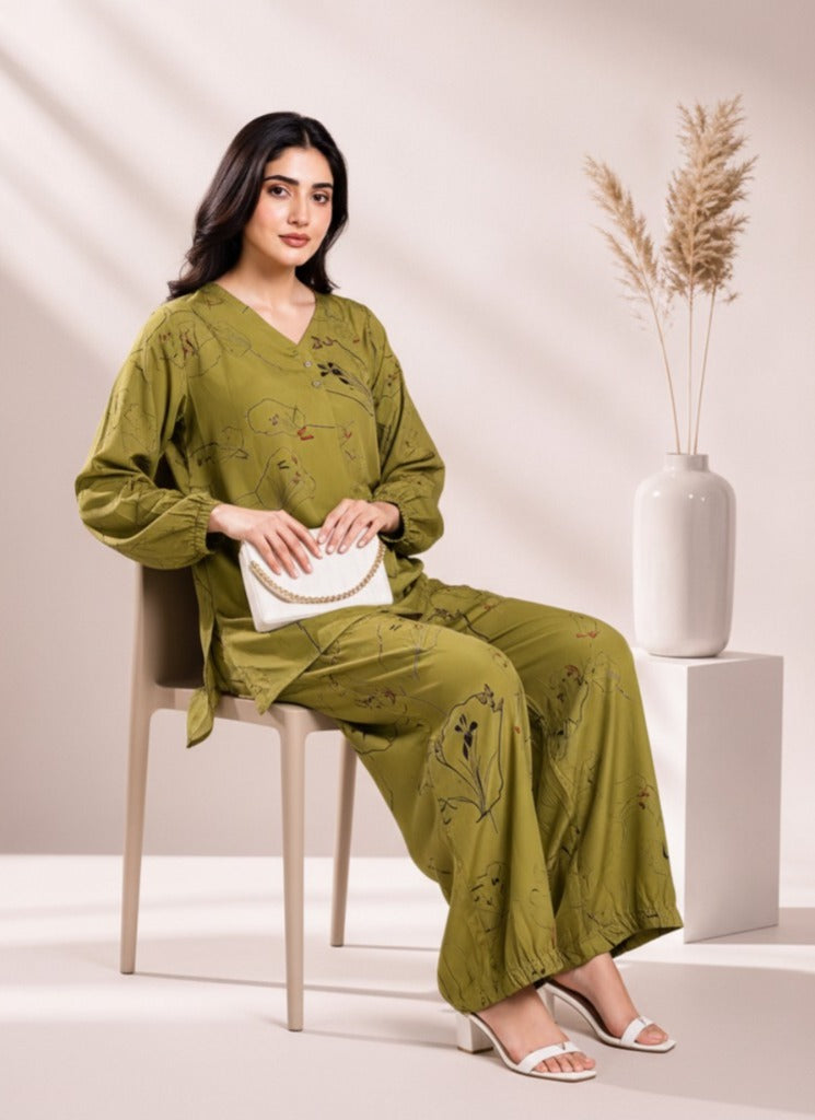 Olive Artistry Silk Co-Ord Set